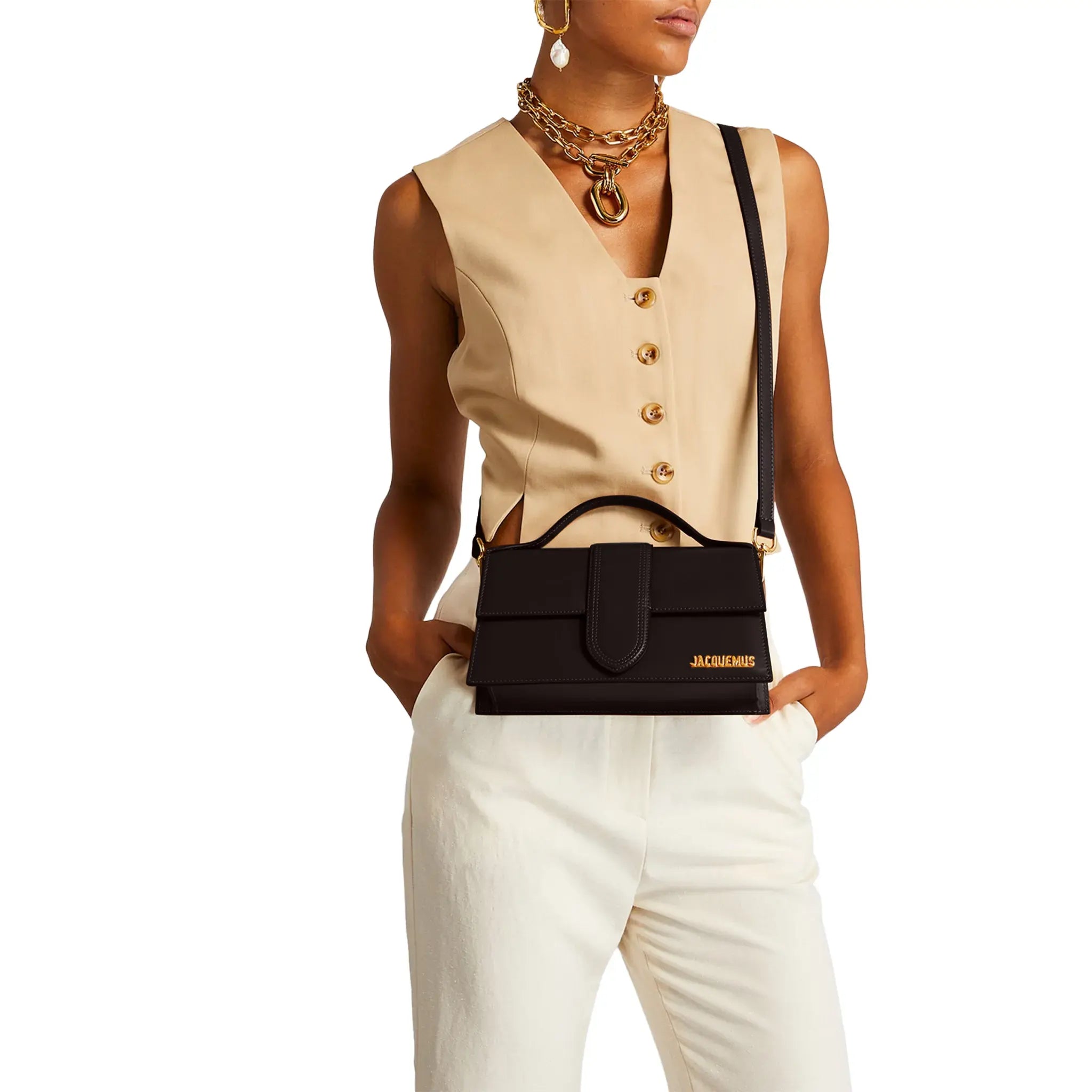 Front Model View of Jacquemus Large Bambino Dark Brown Crossbody Bag